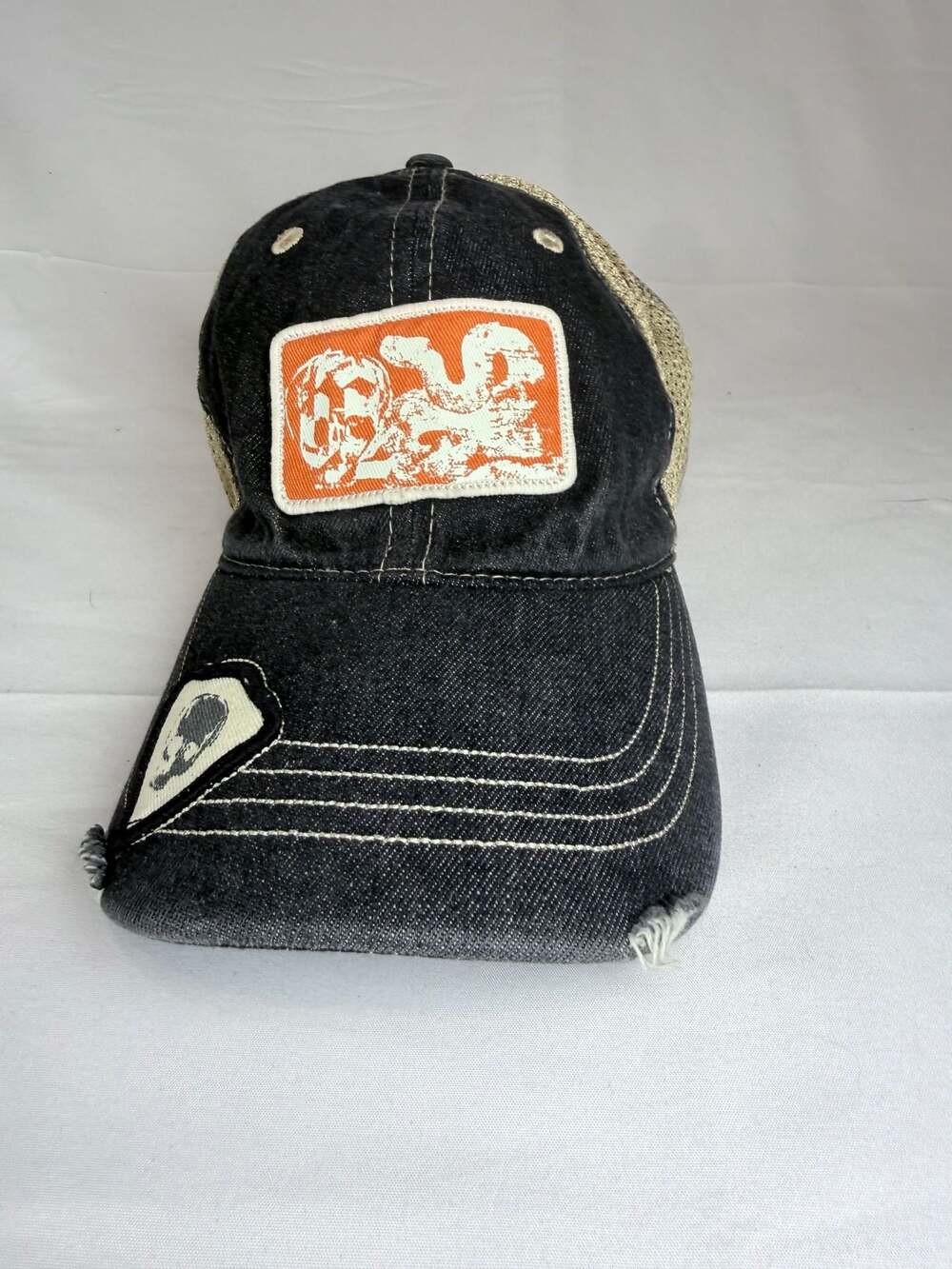 Volcom Black Denim and Gold Mesh Trucker Hat Cap with Skull Graphic Patches Y2K